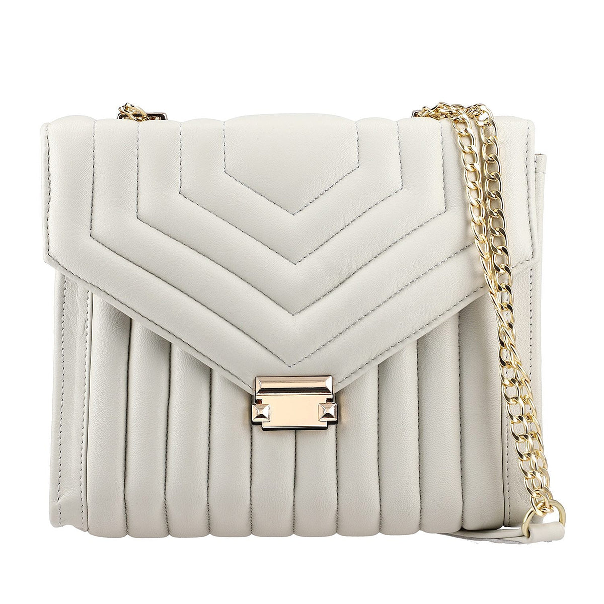 ONE TIME DEAL Designer 100% Genuine Leather Quilted Crossbody Bag With Curb Link Strap - White 7171101 0