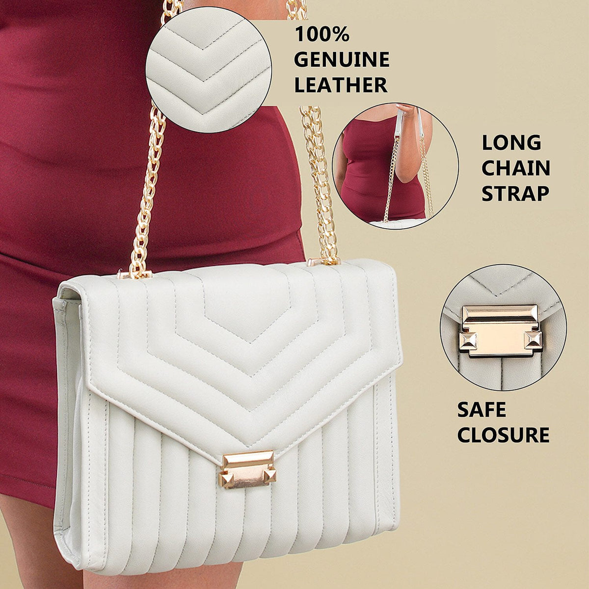 ONE TIME DEAL Designer 100% Genuine Leather Quilted Crossbody Bag With Curb Link Strap - White 7171101 4