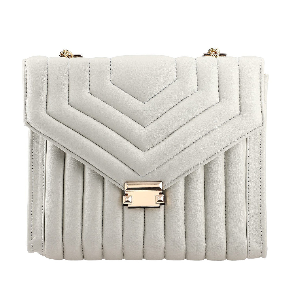 ONE TIME DEAL Designer 100% Genuine Leather Quilted Crossbody Bag With Curb Link Strap - White