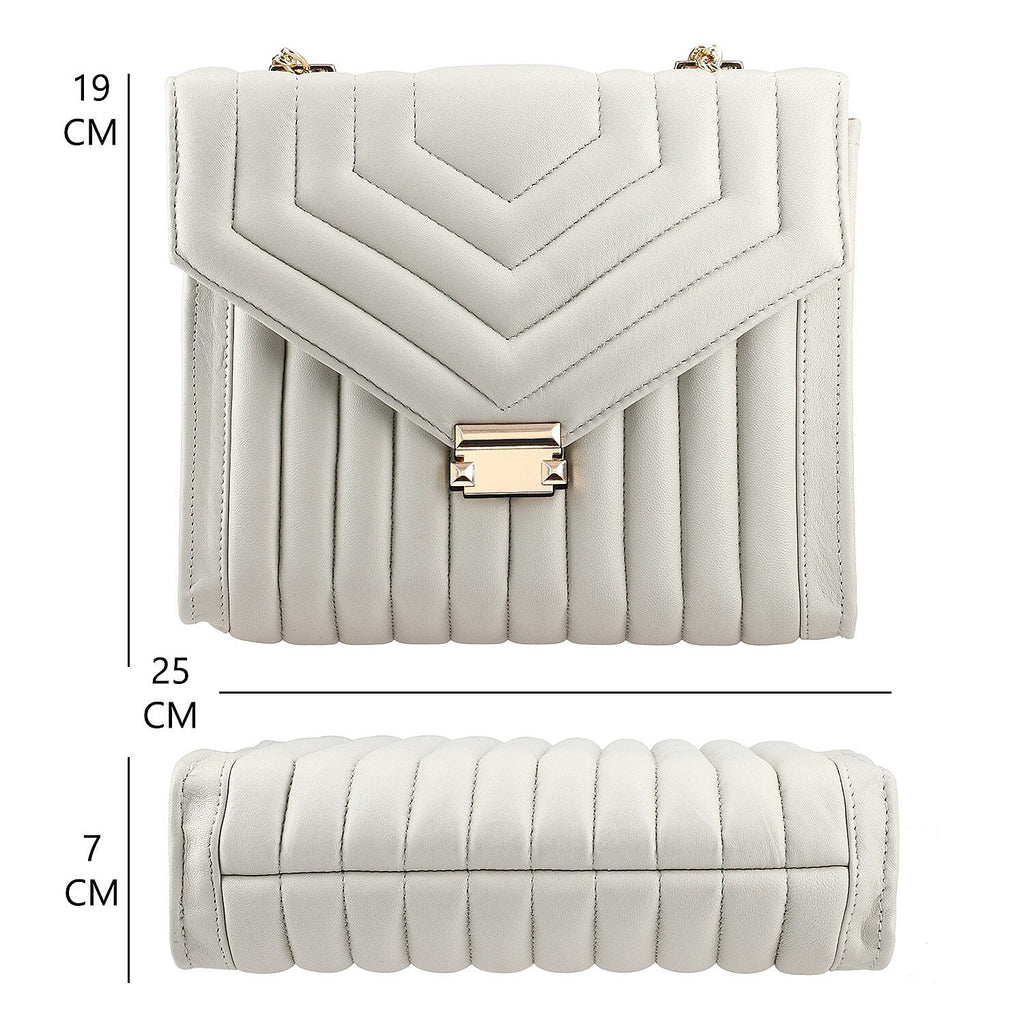 ONE TIME DEAL Designer 100% Genuine Leather Quilted Crossbody Bag With Curb Link Strap - White
