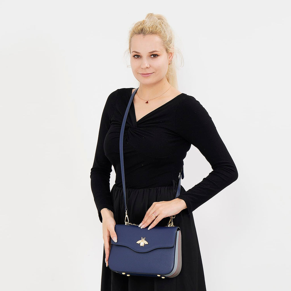 100% Genuine Leather Patterned Crossbody Bag - Blue