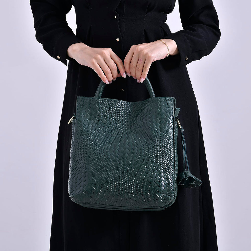 Closeout Deal - 100% Genuine Leather Weave Pattern Crossbody Bag - Green