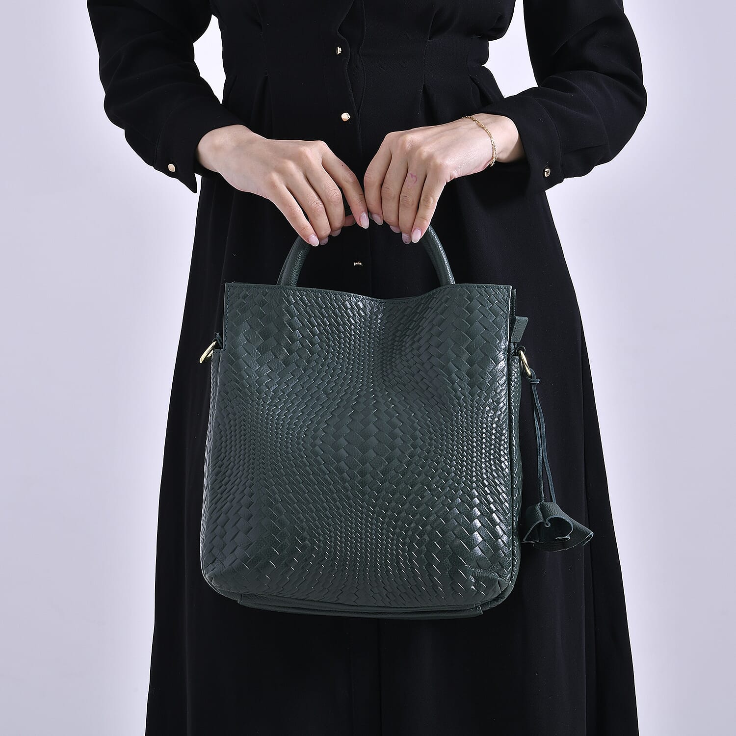 Closeout Deal - 100% Genuine Leather Weave Pattern Crossbody Bag - Green 7990450 3
