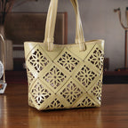 Inspired By Hawa Mahal- 100% Genuine Leather  Tote Bag with Drawstring Pouch - Butter Scotch