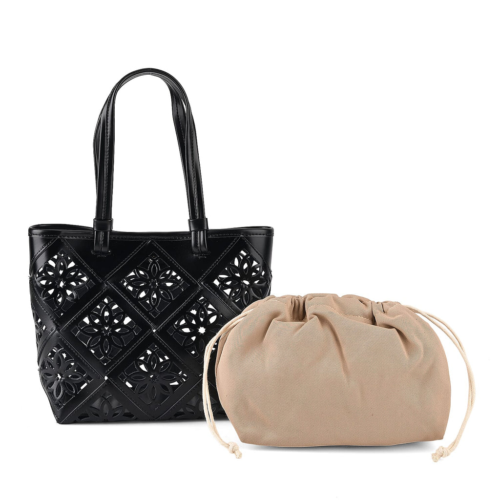Inspired By Hawa Mahal- 100% Genuine Leather  Tote Bag with Drawstring Pouch - Black