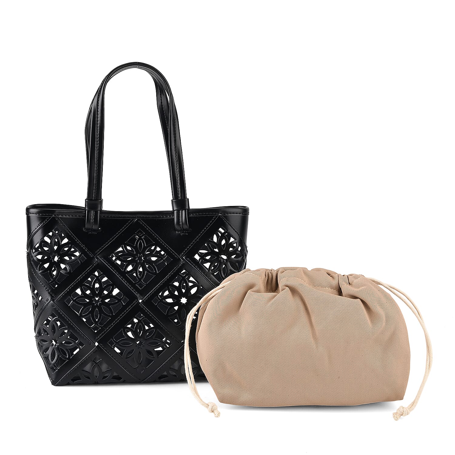 Inspired By Hawa Mahal- 100% Genuine Leather  Tote Bag with Drawstring Pouch - Black 8479806 0