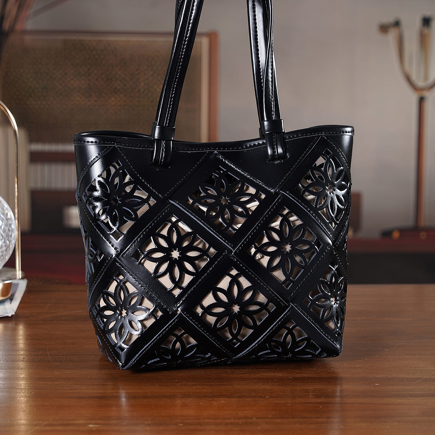 Inspired By Hawa Mahal- 100% Genuine Leather  Tote Bag with Drawstring Pouch - Black 8479806 2