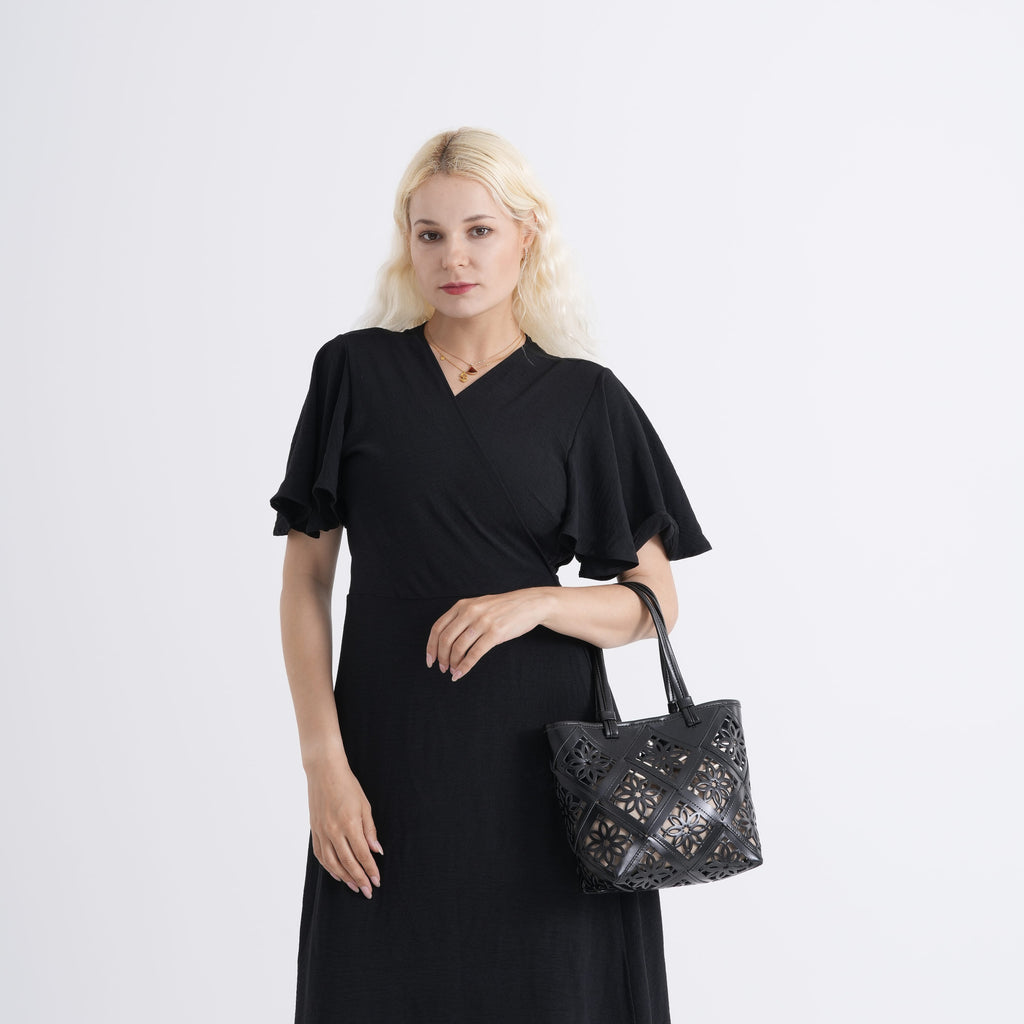 Inspired By Hawa Mahal- 100% Genuine Leather  Tote Bag with Drawstring Pouch - Black