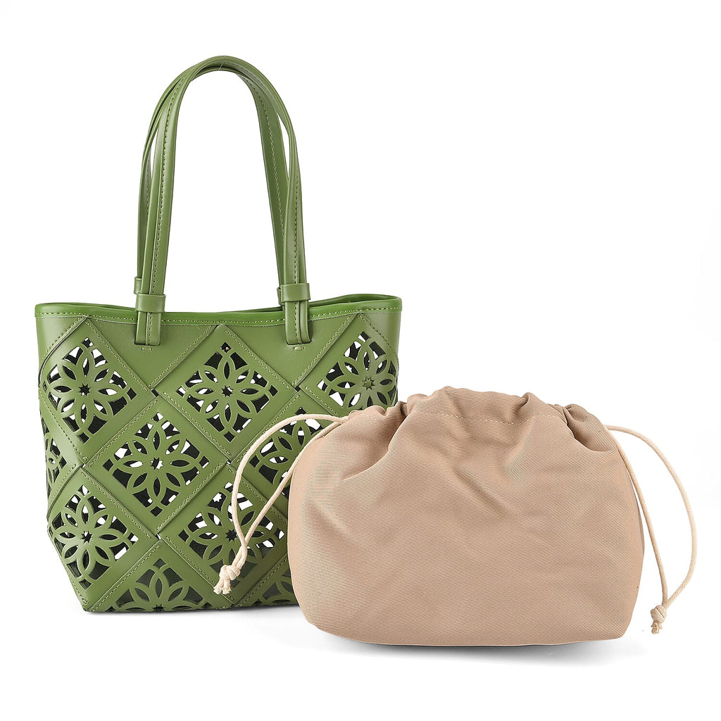 Inspired By Hawa Mahal- 100% Genuine Leather  Tote Bag with Drawstring Pouch - Green
