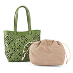 Inspired By Hawa Mahal- 100% Genuine Leather  Tote Bag with Drawstring Pouch - Green