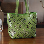Inspired By Hawa Mahal- 100% Genuine Leather  Tote Bag with Drawstring Pouch - Green