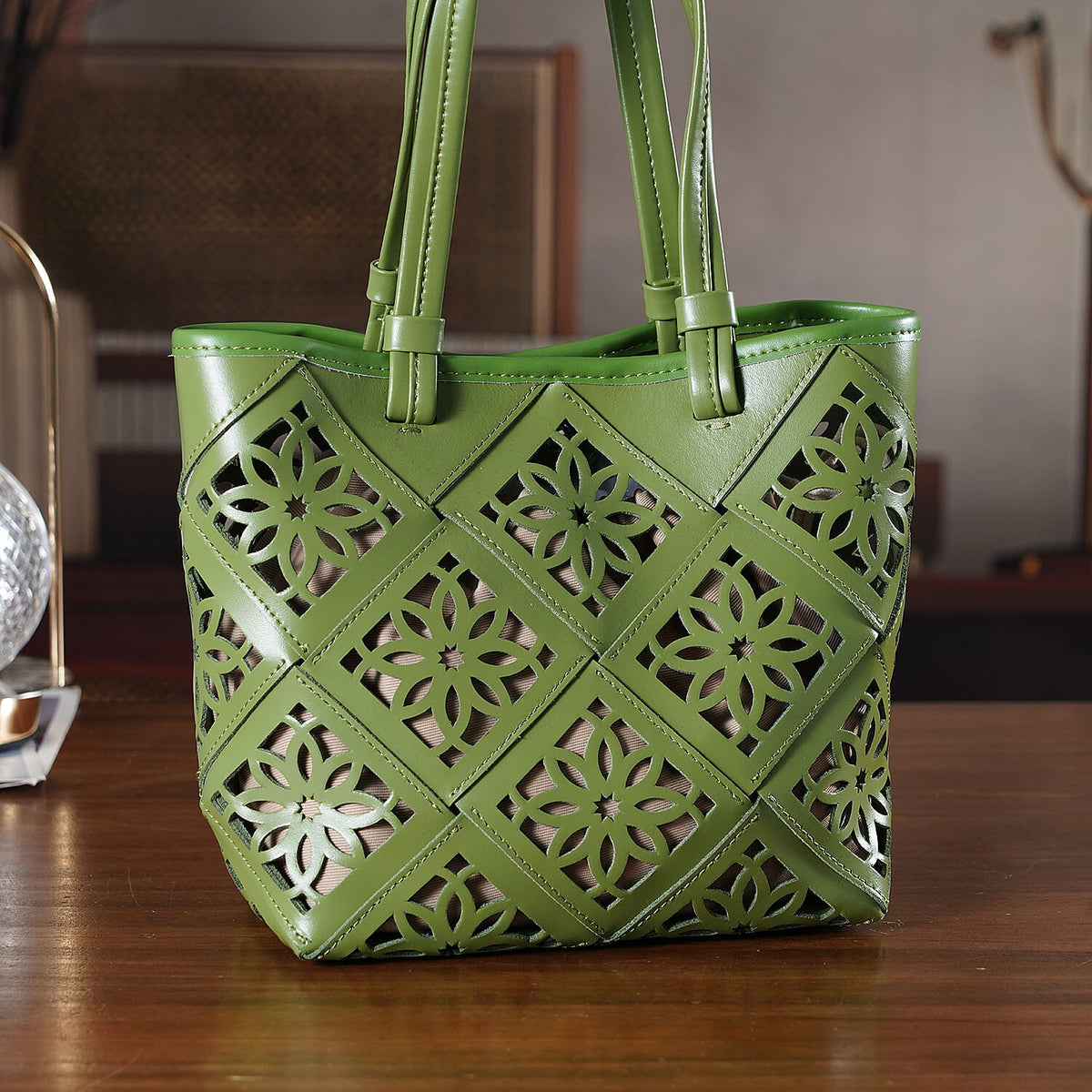 Inspired By Hawa Mahal- 100% Genuine Leather  Tote Bag with Drawstring Pouch - Green 8479812 2