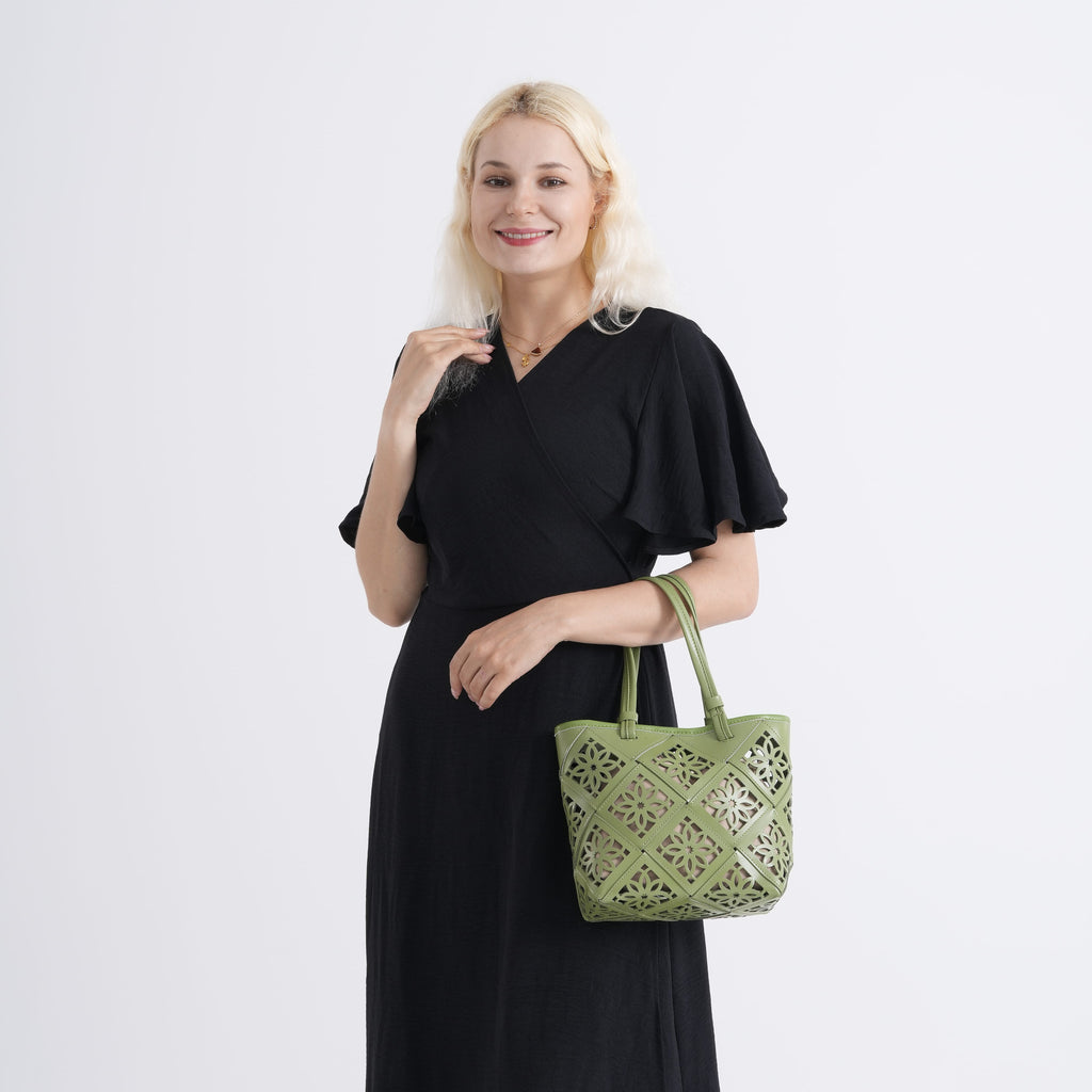 Inspired By Hawa Mahal- 100% Genuine Leather  Tote Bag with Drawstring Pouch - Green