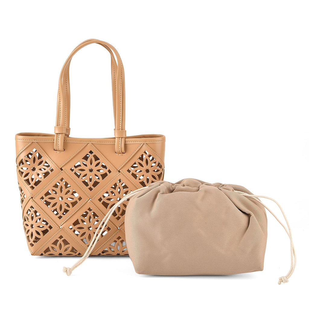 Inspired By Hawa Mahal- 100% Genuine Leather  Tote Bag with Drawstring Pouch - Almond