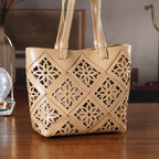 Inspired By Hawa Mahal- 100% Genuine Leather  Tote Bag with Drawstring Pouch - Almond