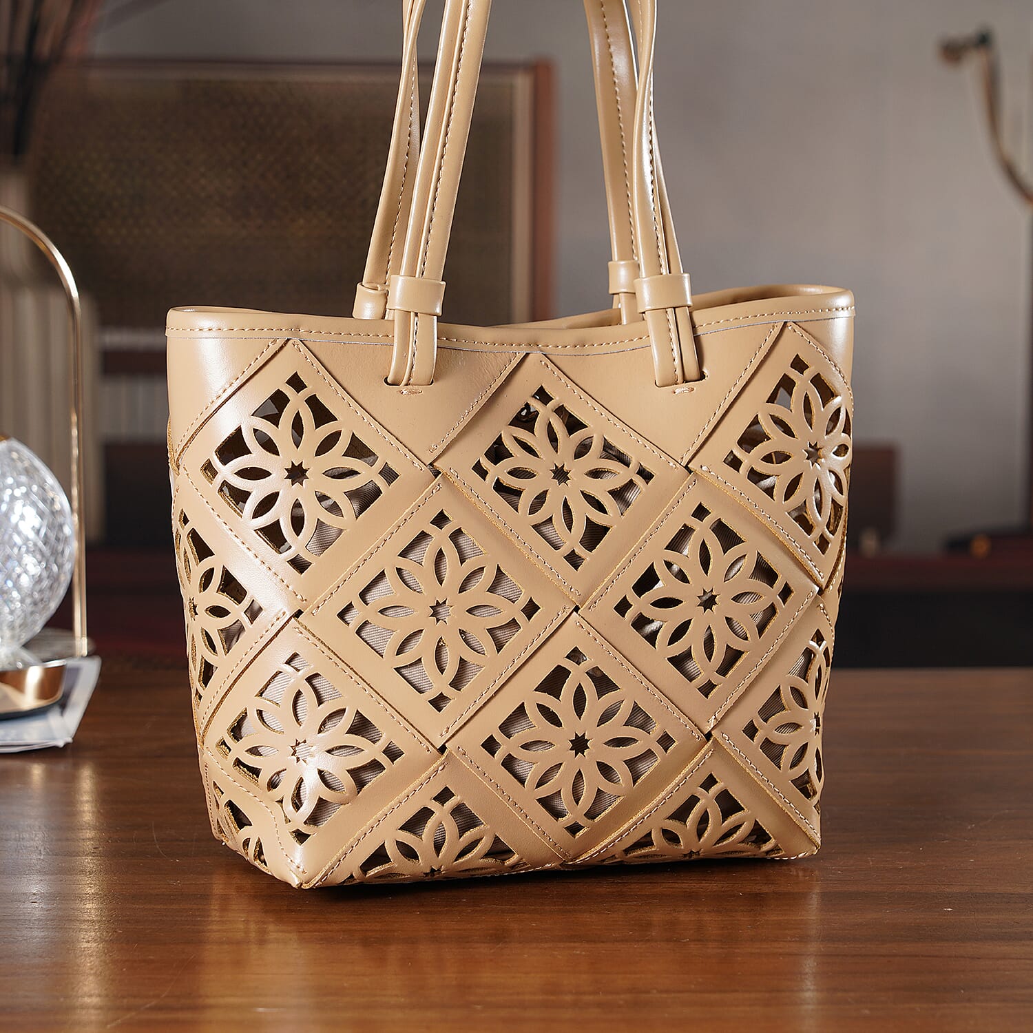 Inspired By Hawa Mahal- 100% Genuine Leather  Tote Bag with Drawstring Pouch - Almond V32521755 2