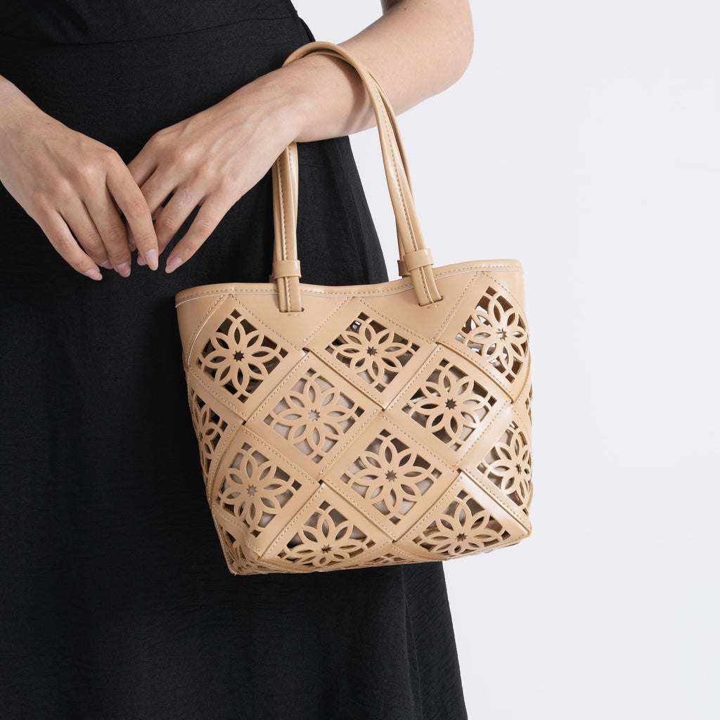 Inspired By Hawa Mahal- 100% Genuine Leather  Tote Bag with Drawstring Pouch - Almond