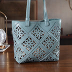 Inspired By Hawa Mahal- 100% Genuine Leather  Tote Bag with Drawstring Pouch - Sage Green