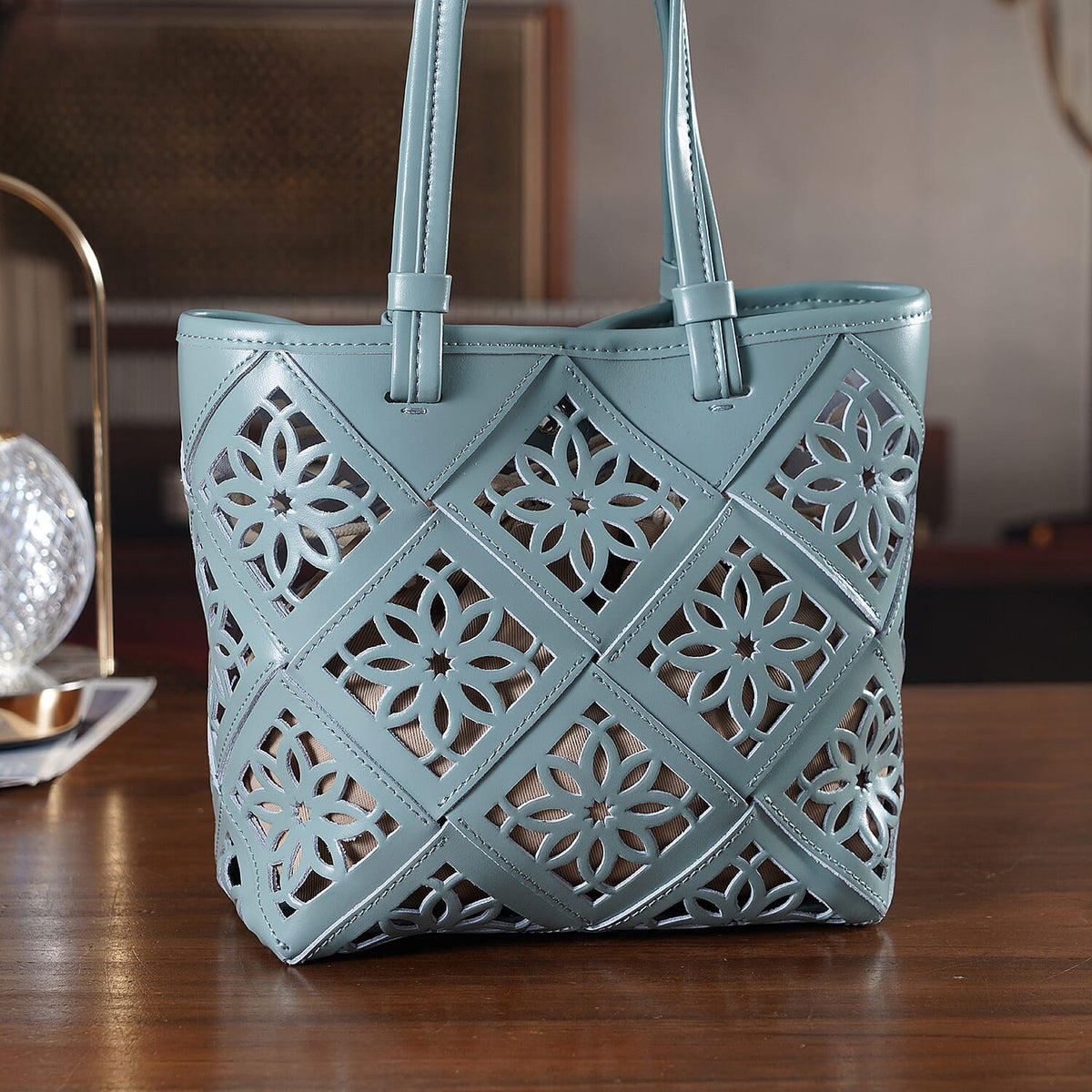 Inspired By Hawa Mahal- 100% Genuine Leather  Tote Bag with Drawstring Pouch - Sage Green V32613623 2
