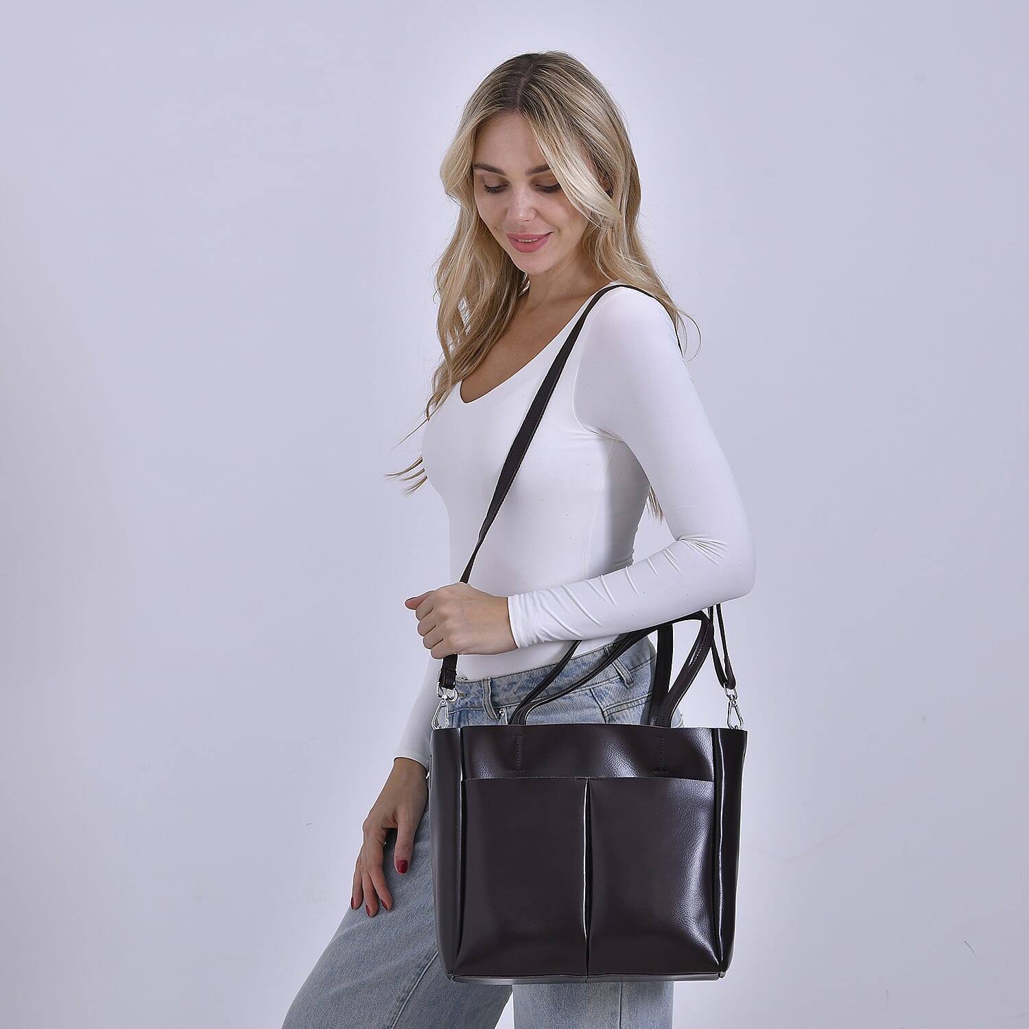 Closeout Deal - 100% Genuine Leather Tote Bag with Shoulder Strap - Brown 7987982 2