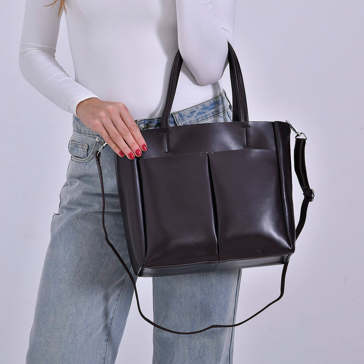 Closeout Deal - 100% Genuine Leather Tote Bag with Shoulder Strap - Brown 7987982 3
