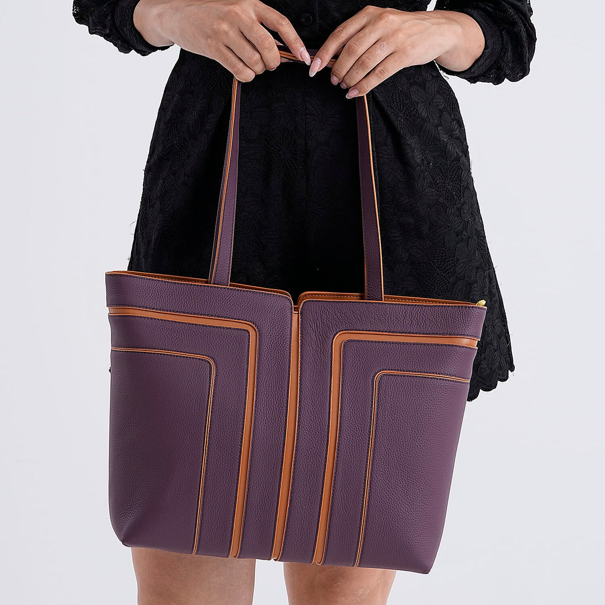 Genuine Leather Tote Bag with Handle Drop - Dark Purple &amp; Brown 8163445 4
