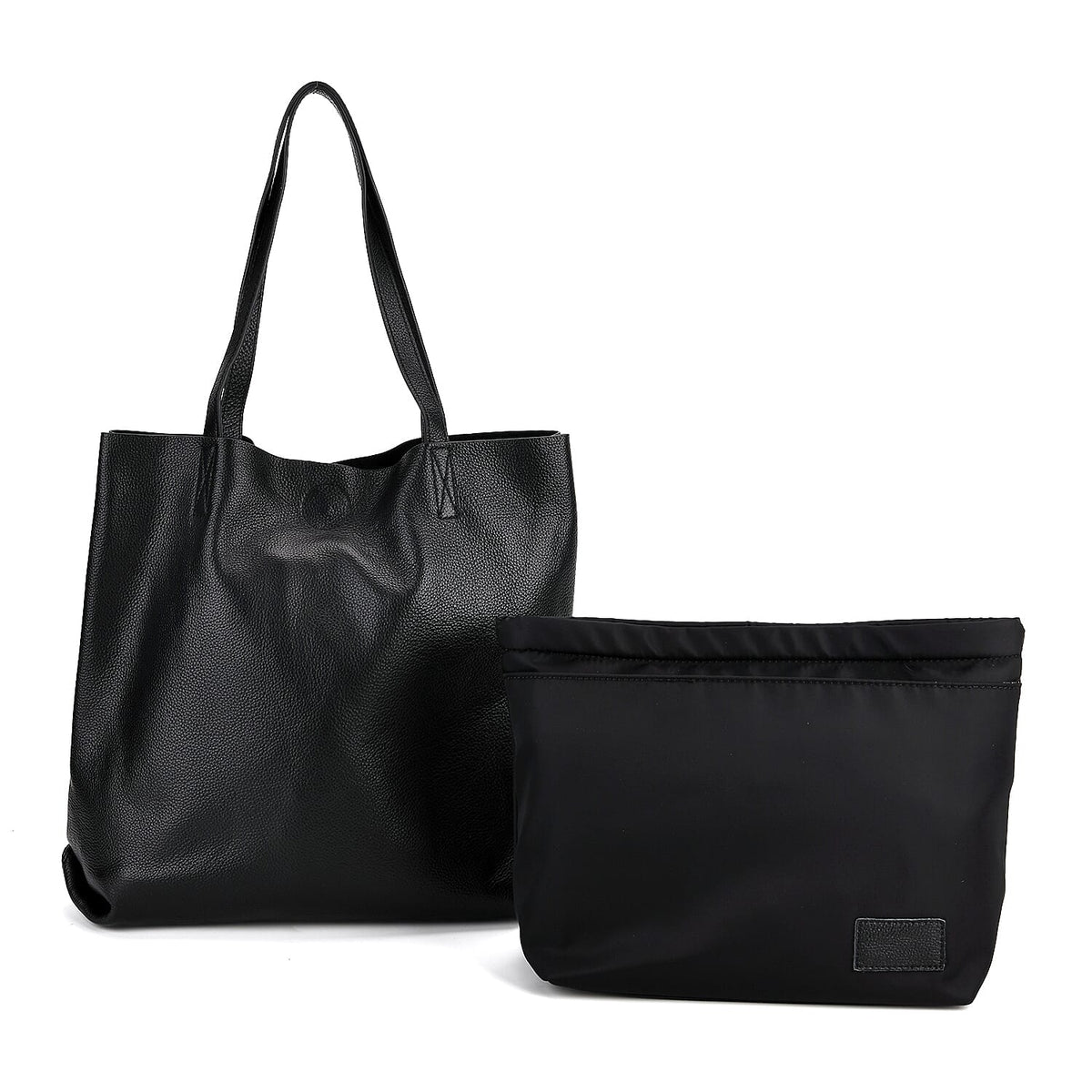 2-in-1 Genuine Leather Tote Bag - Pouch - Black V32586854 0