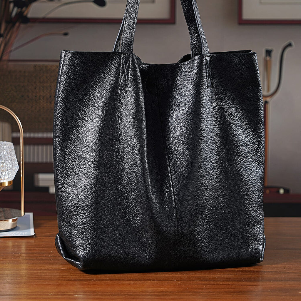 2-in-1 Genuine Leather Tote Bag - Pouch - Black