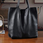 2-in-1 Genuine Leather Tote Bag - Pouch - Black