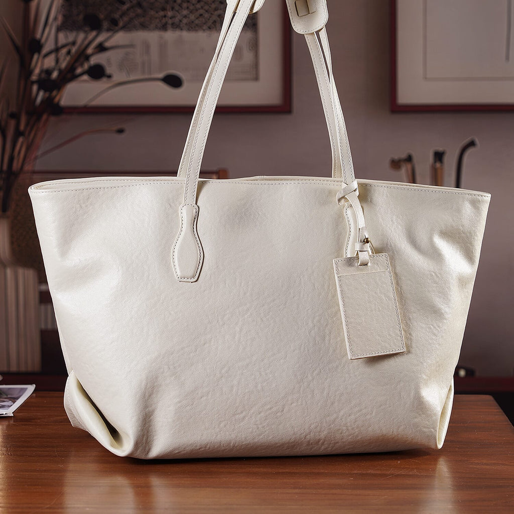 Rome CloseOut- 100% Premium Full Grain Leather Tote with Matching Card Bag - Cream