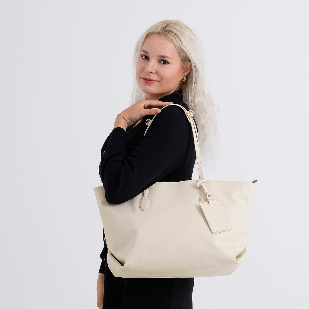 Rome CloseOut- 100% Premium Full Grain Leather Tote with Matching Card Bag - Cream