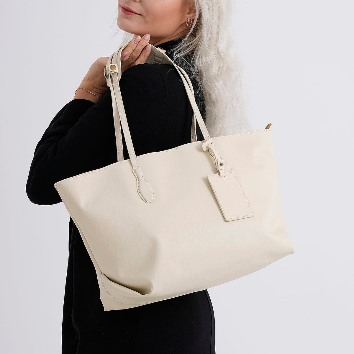 100% Premium Full Grain Leather Tote with Matching Card Bag - Cream 8419644 4