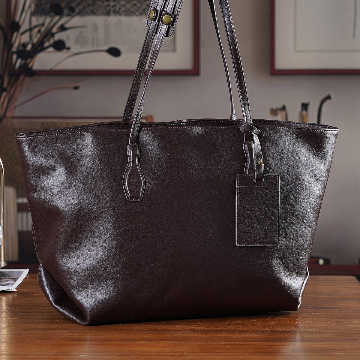 100% Premium Full Grain Leather Tote with Matching Card Bag - Brown V32517677 2