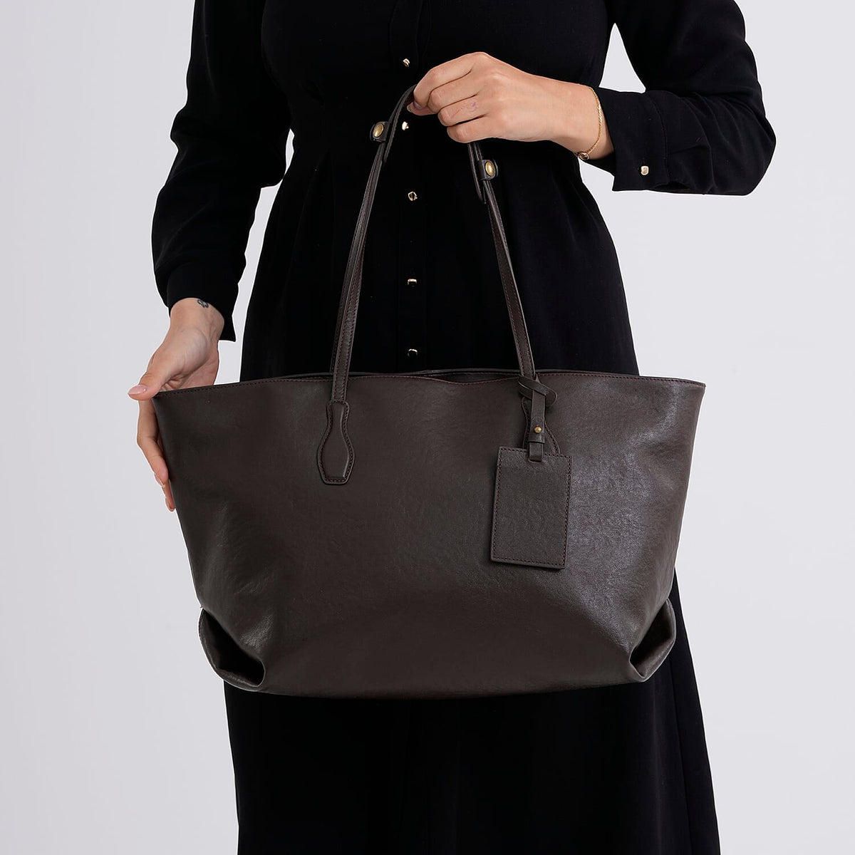 100% Premium Full Grain Leather Tote with Matching Card Bag - Brown V32517677 4