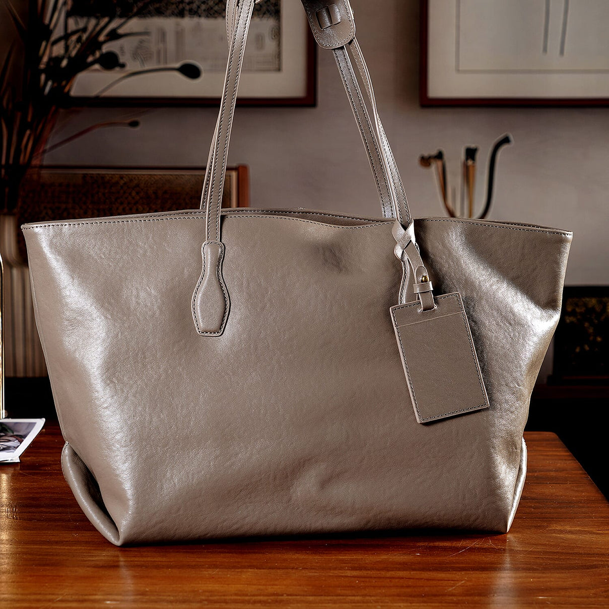 100% Premium Full Grain Leather Tote with Matching Card Bag - Beige 8419636 2