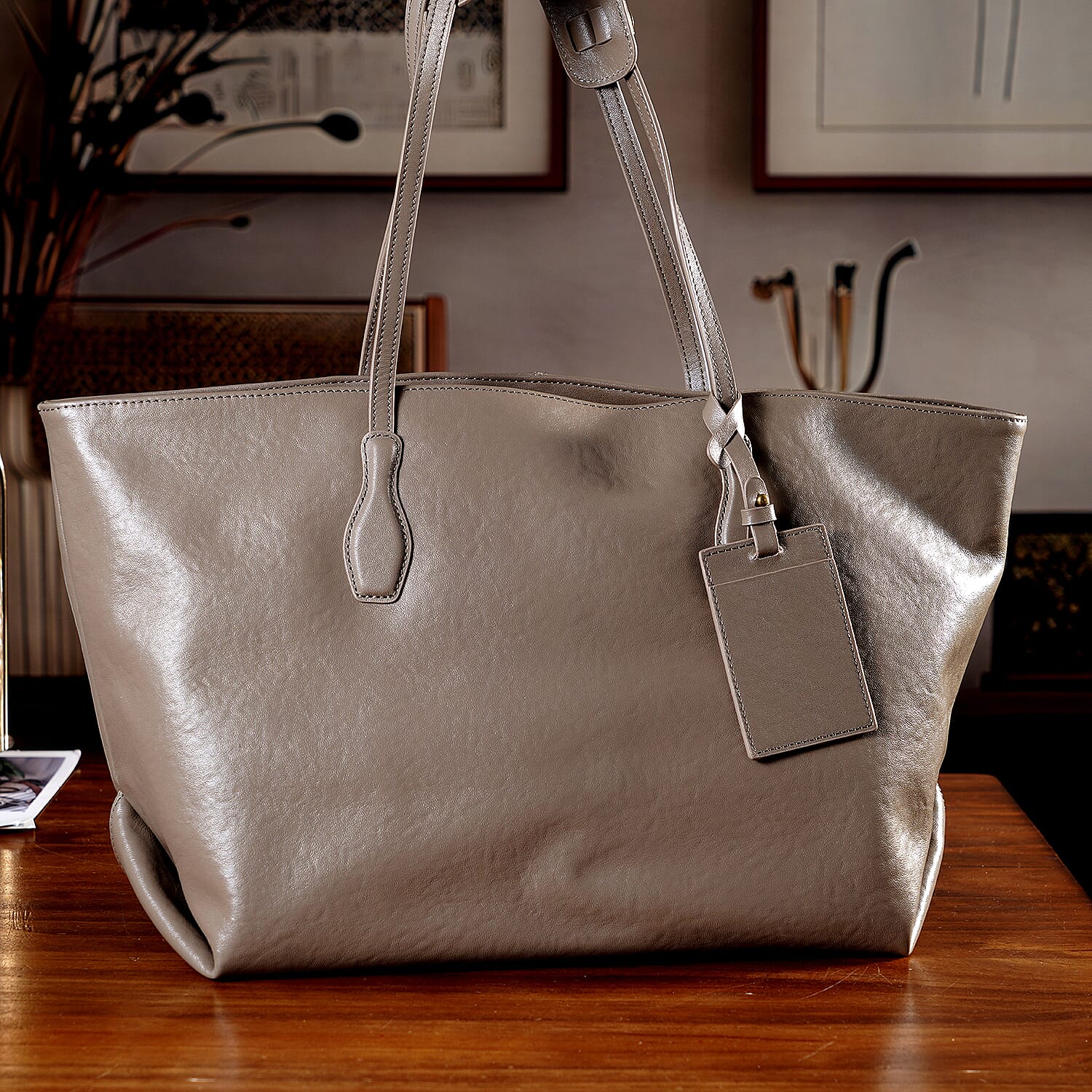 100% Premium Full Grain Leather Tote with Matching Card Bag - Beige 8419636 2
