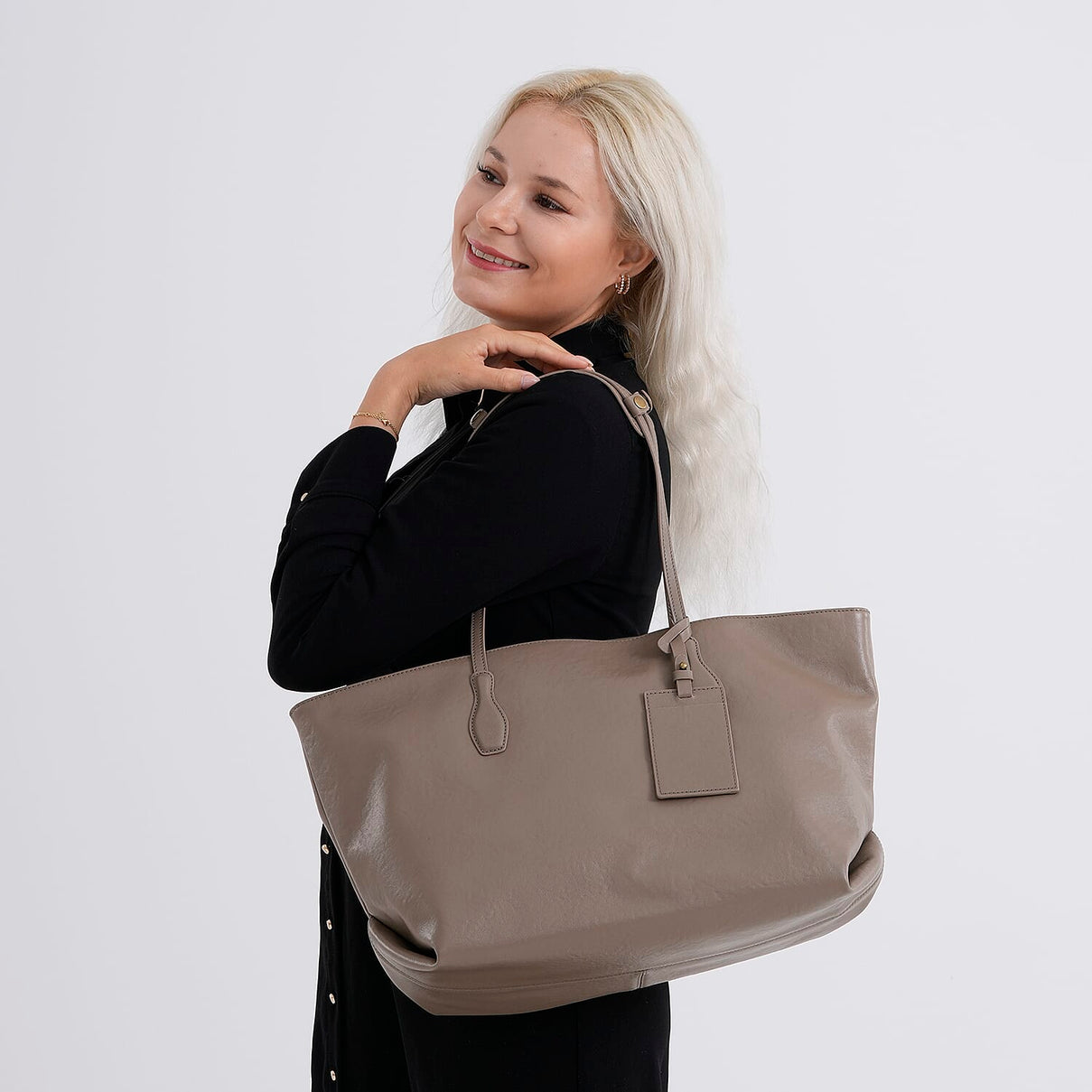 100% Premium Full Grain Leather Tote with Matching Card Bag - Beige 8419636 3