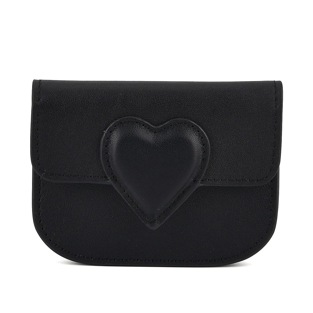 Designer Inspired Genuine Leather Heart Detail Mini Wallet - Black