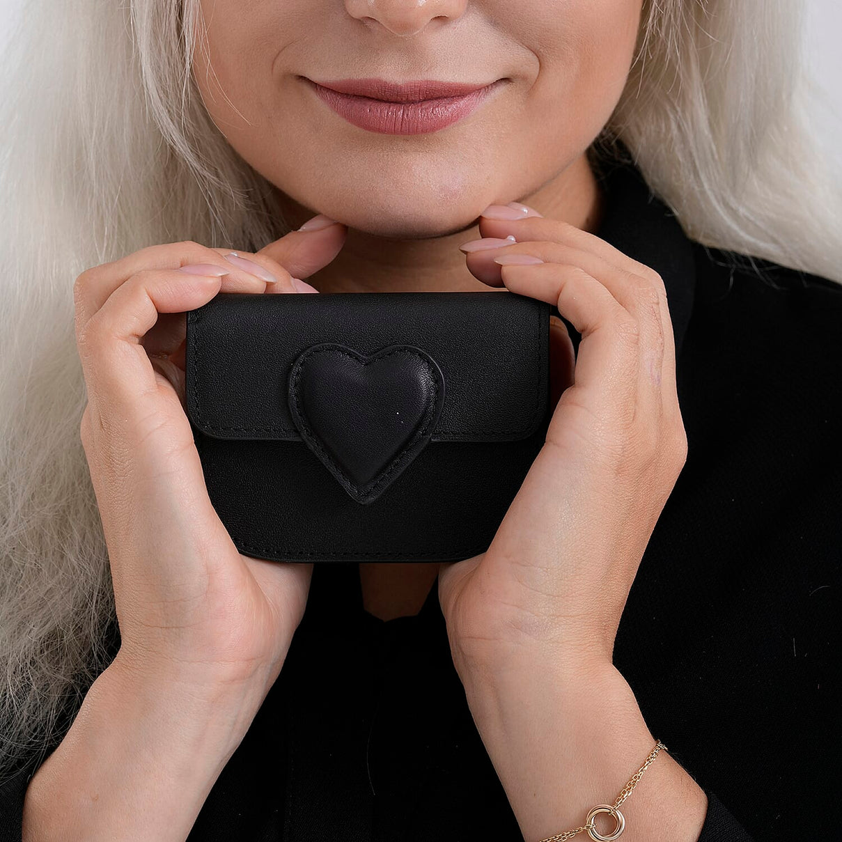Designer Inspired Genuine Leather Heart Detail Mini Wallet - Black 8413824 3