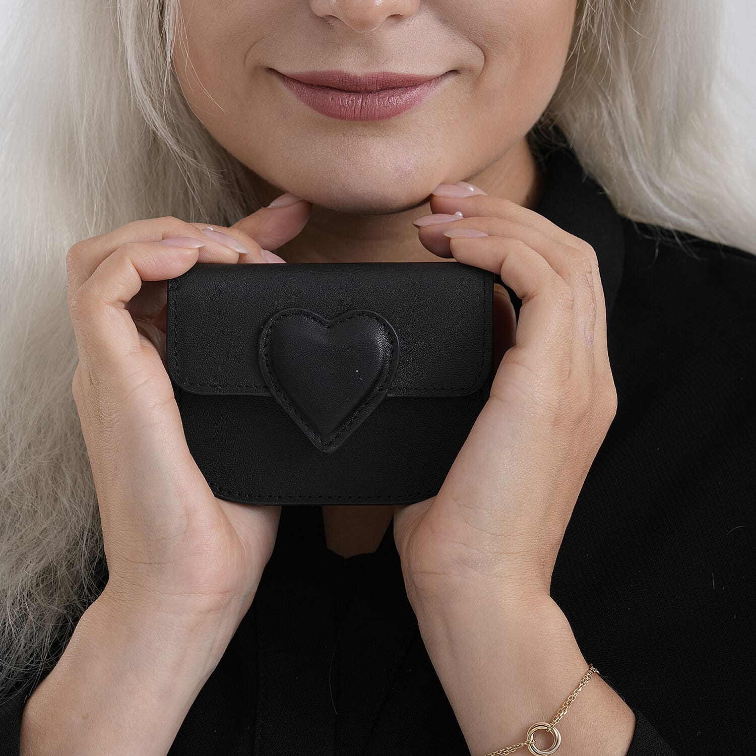 Designer Inspired Genuine Leather Heart Detail Mini Wallet - Black 8413824 3