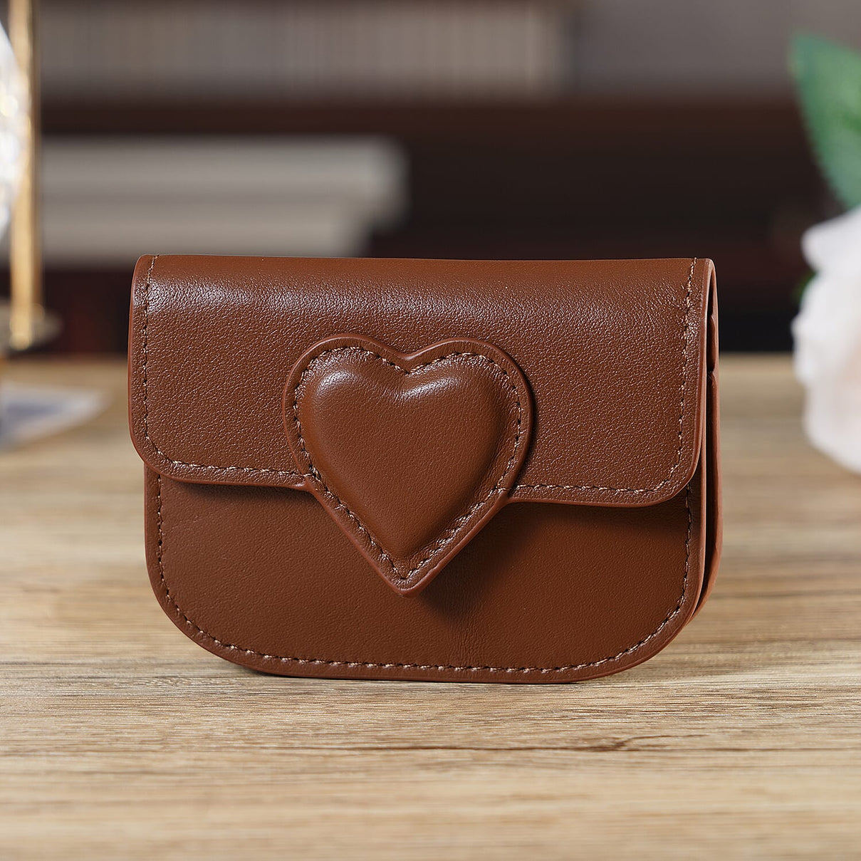 Designer Inspired Genuine Leather Heart Detail Mini Wallet - Brown 8413821 2