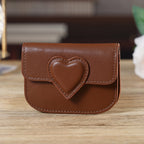 Designer Inspired Genuine Leather Heart Detail Mini Wallet - Brown