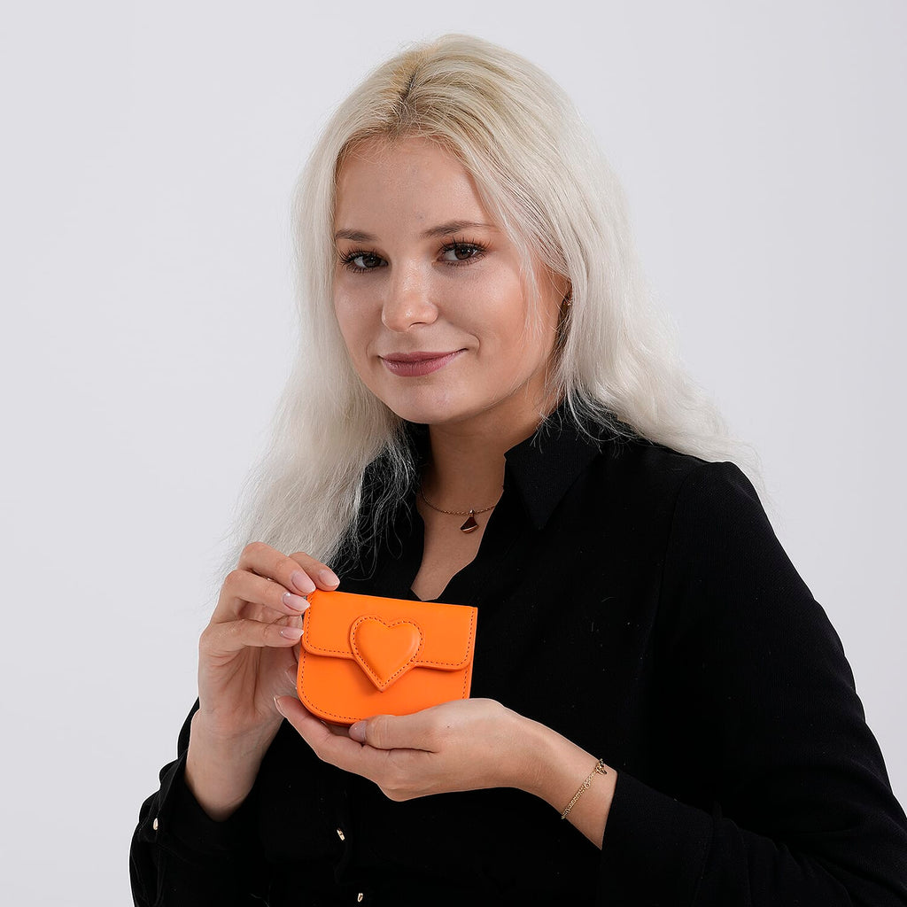 Designer Inspired Genuine Leather Heart Detail Mini Wallet - Orange