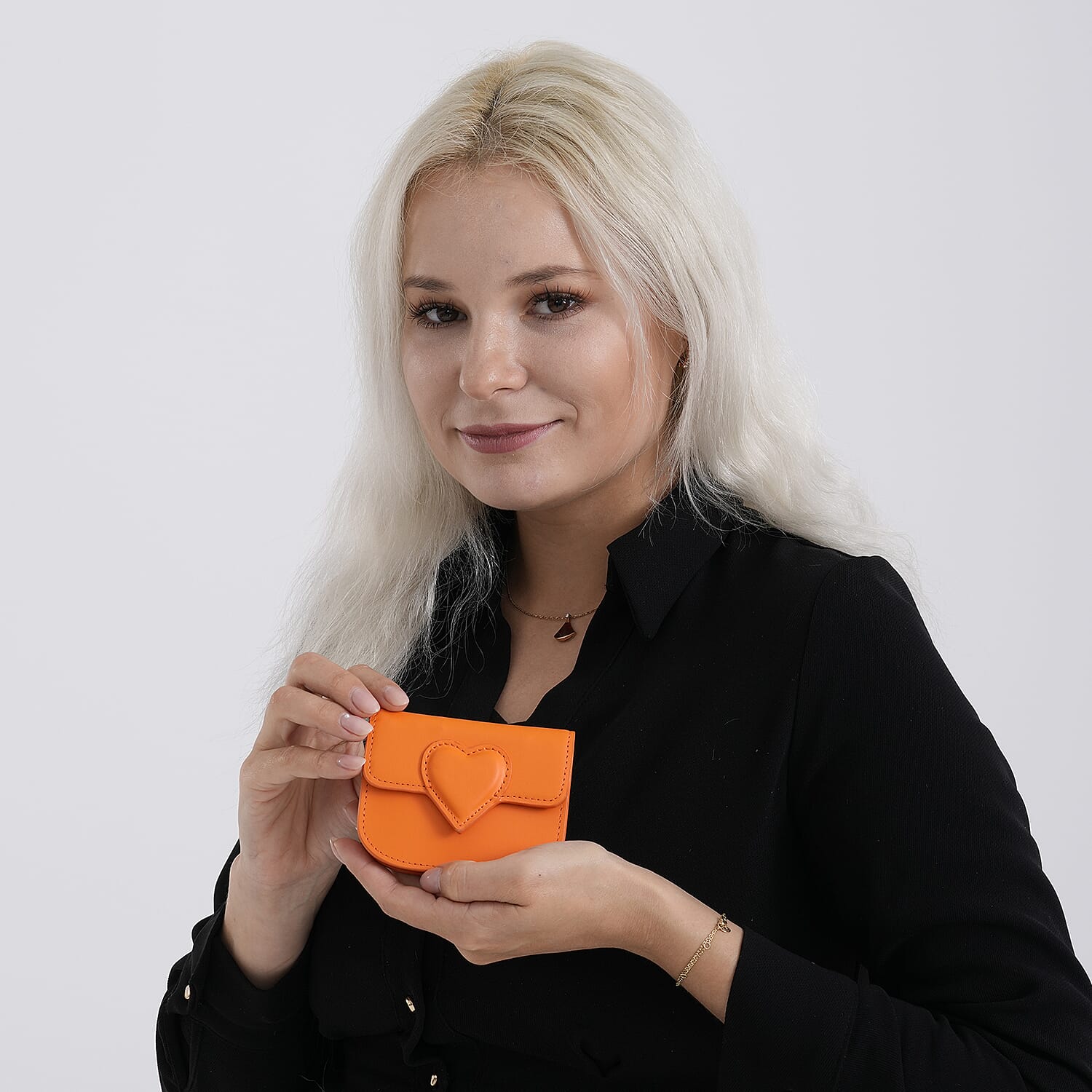 Designer Inspired Genuine Leather Heart Detail Mini Wallet - Orange V32349481 3