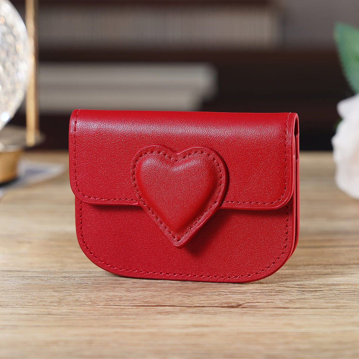 Designer Inspired Genuine Leather Heart Detail Mini Wallet - Red V32513539 2