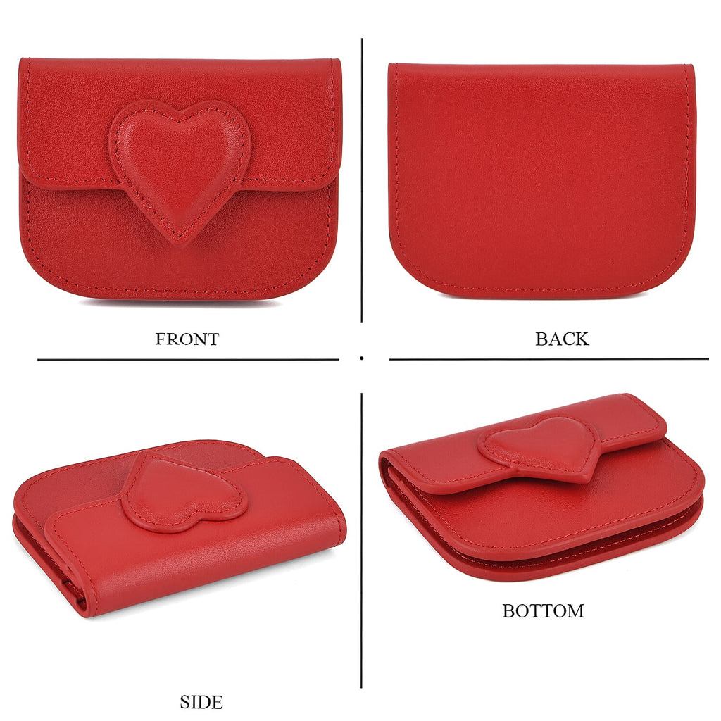 Designer Inspired Genuine Leather Heart Detail Mini Wallet - Red
