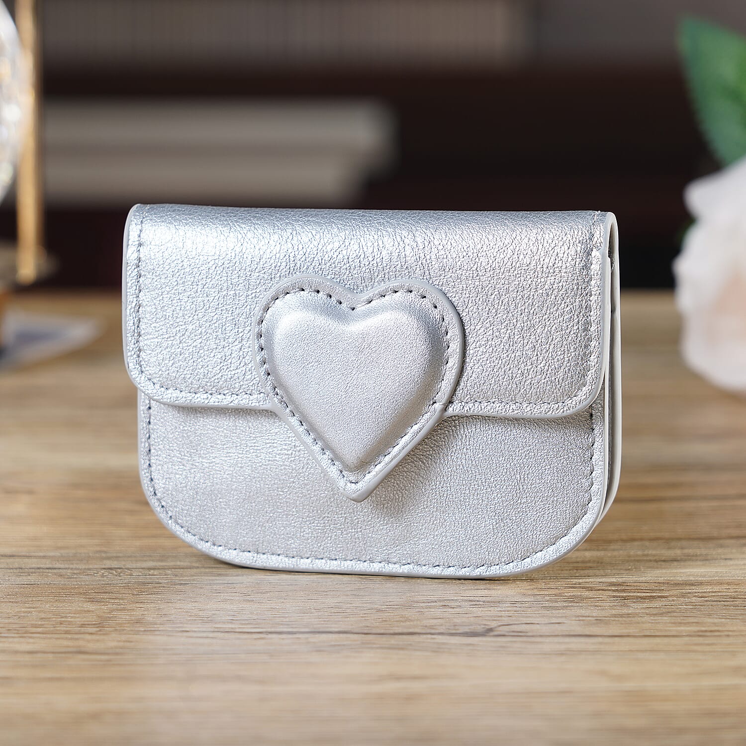 Designer Inspired Genuine Leather Heart Detail Mini Wallet - Silver 8413825 2