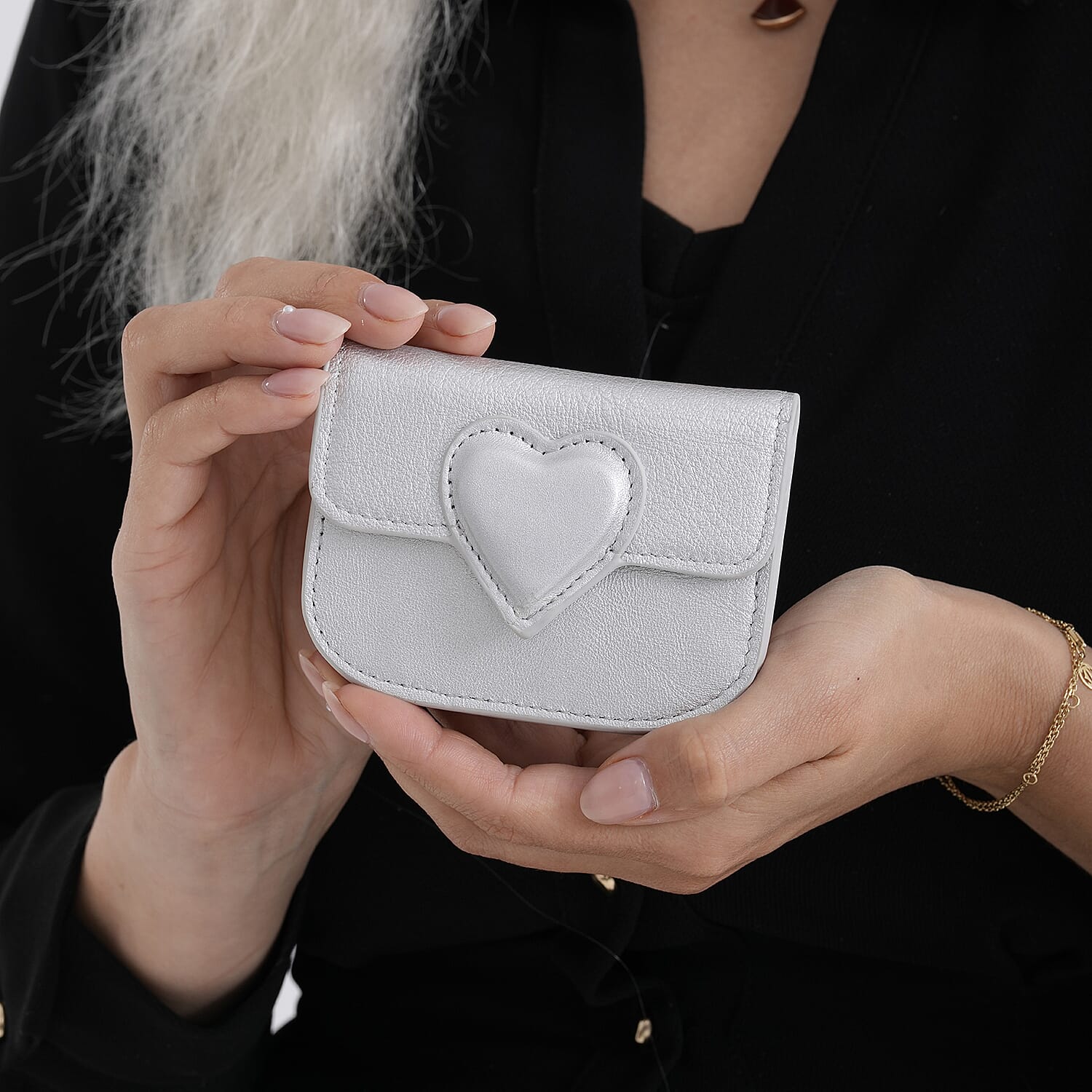 Designer Inspired Genuine Leather Heart Detail Mini Wallet - Silver 8413825 4