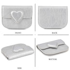 Designer Inspired Genuine Leather Heart Detail Mini Wallet - Silver