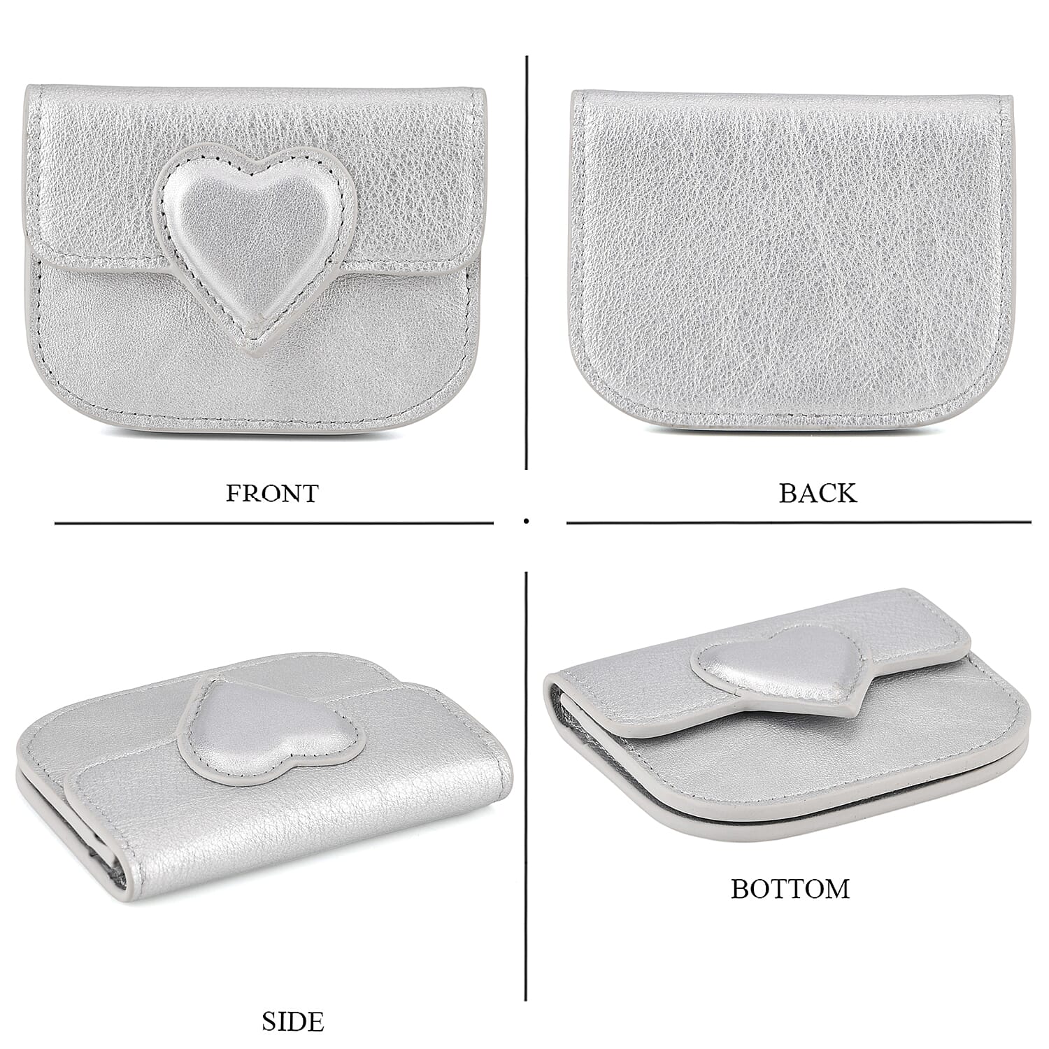 Designer Inspired Genuine Leather Heart Detail Mini Wallet - Silver 8413825 5